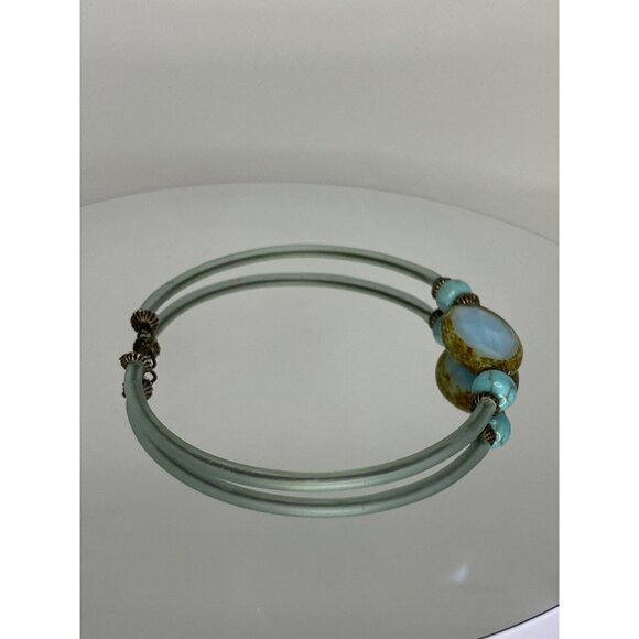 Beach Bracelet Murano Style Glass Spring Collapse Blue Turquoise Color 8” Loose - Picture 2 of 5